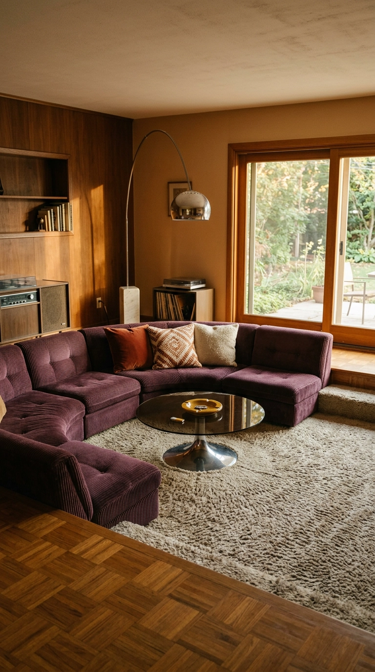 Deep mulberry purple corduroy modular sofa in a 1970s sunken living room
