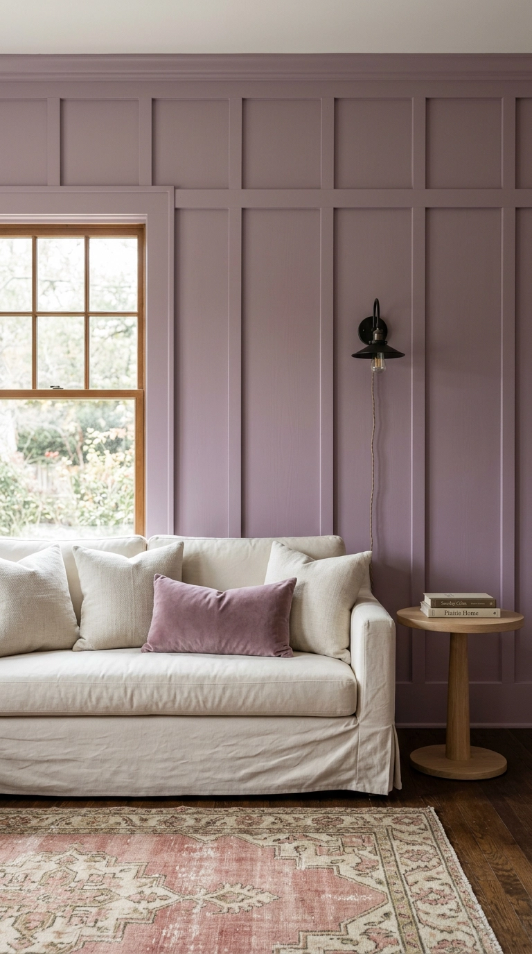 Mauve board and batten wall molding behind a cream slipcovered sofa in a craftsman living room