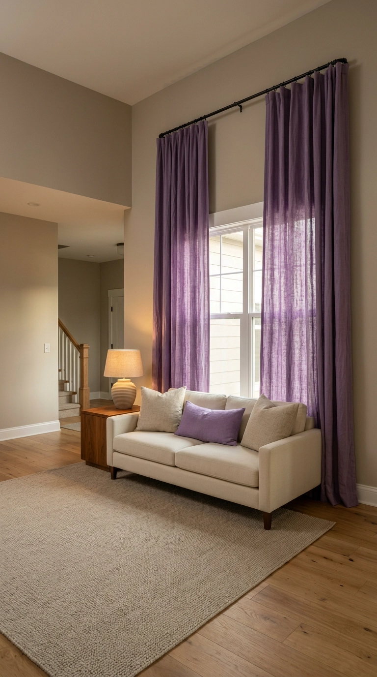 Lavender linen curtains mounted high near the ceiling in a greige living room