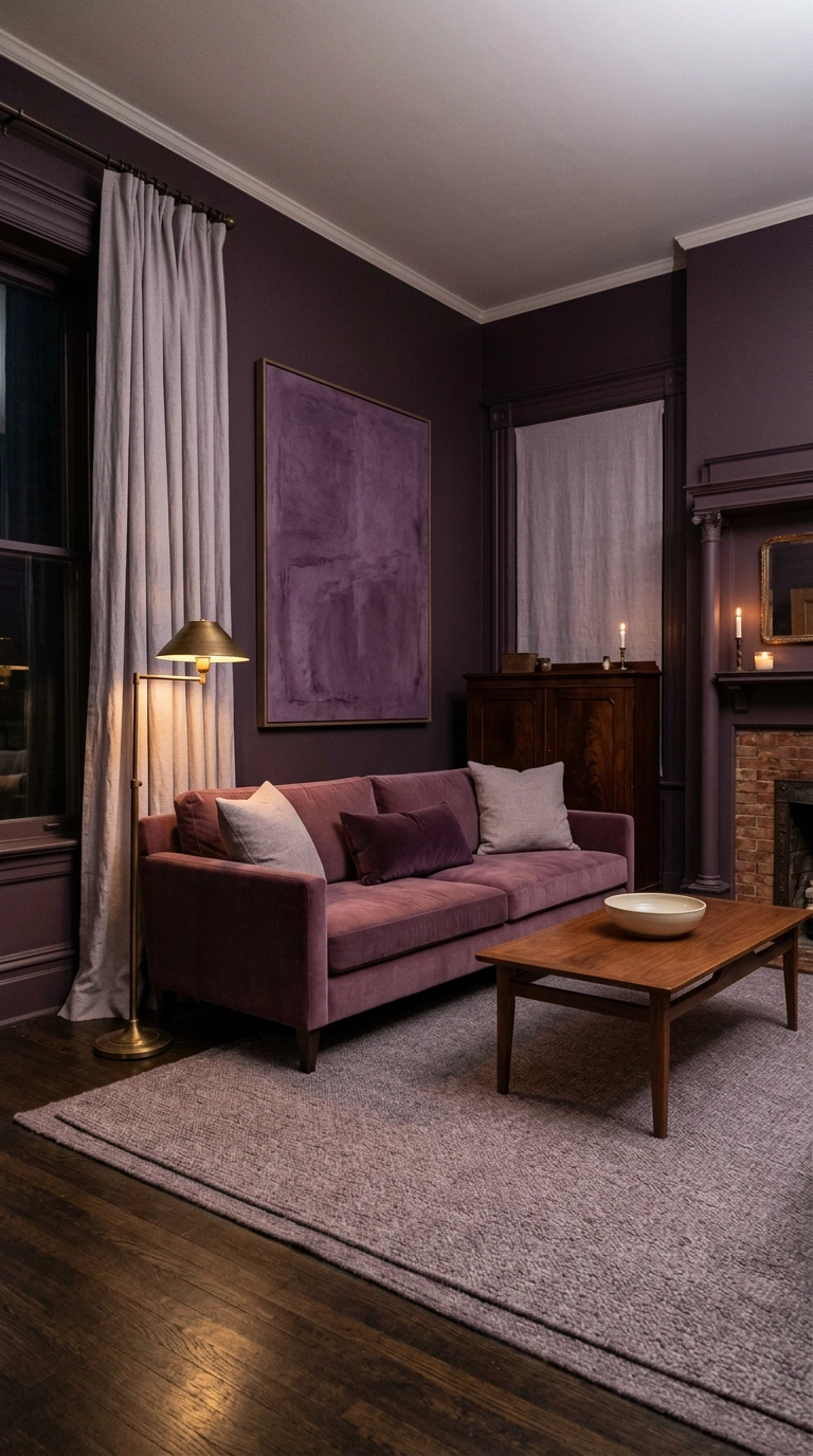 Monochrome purple living room layering aubergine walls, mulberry velvet sofa, and heather linen curtains