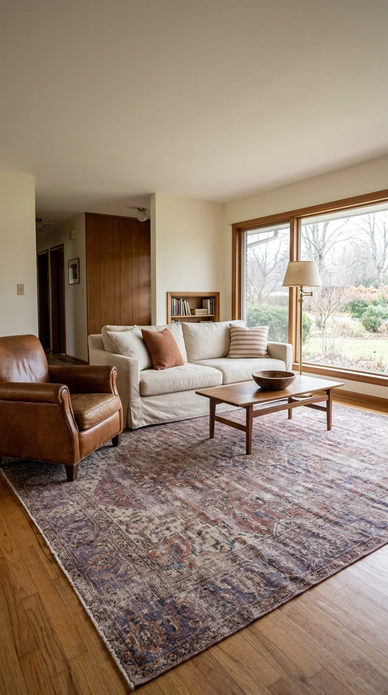 Faded vintage Persian rug with purple and rust undertones anchoring a neutral living room