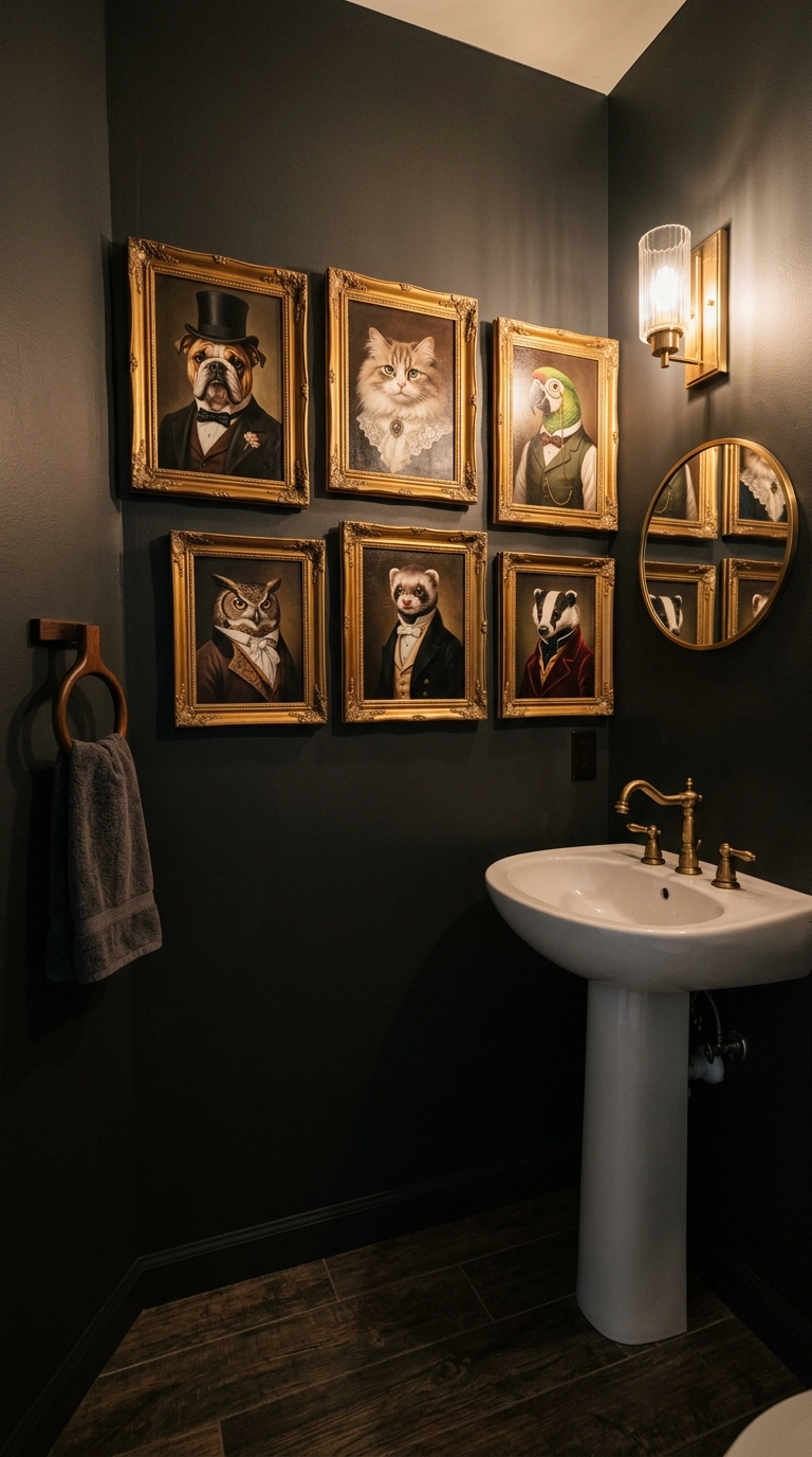 Moody powder room with a gallery wall of humorous vintage-style animal portraits in ornate gold frames