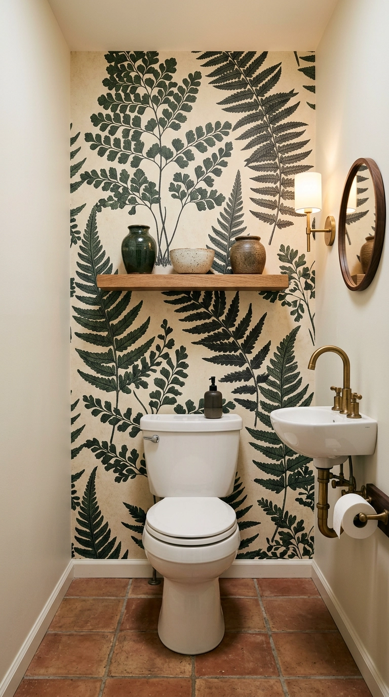 Half bath with a bold green fern mural wallpaper on the wall behind the toilet