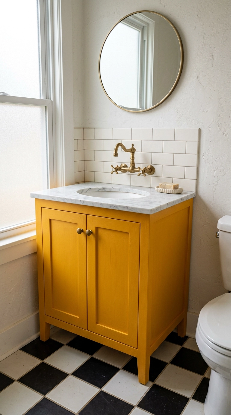 Marigold yellow painted vanity with a white marble top and aged brass faucet