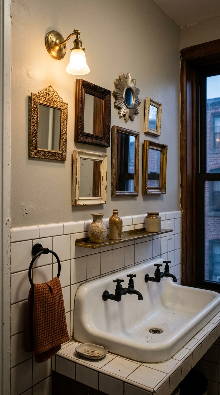 Cluster of mismatched vintage mirrors above a white trough sink in a narrow apartment bathroom