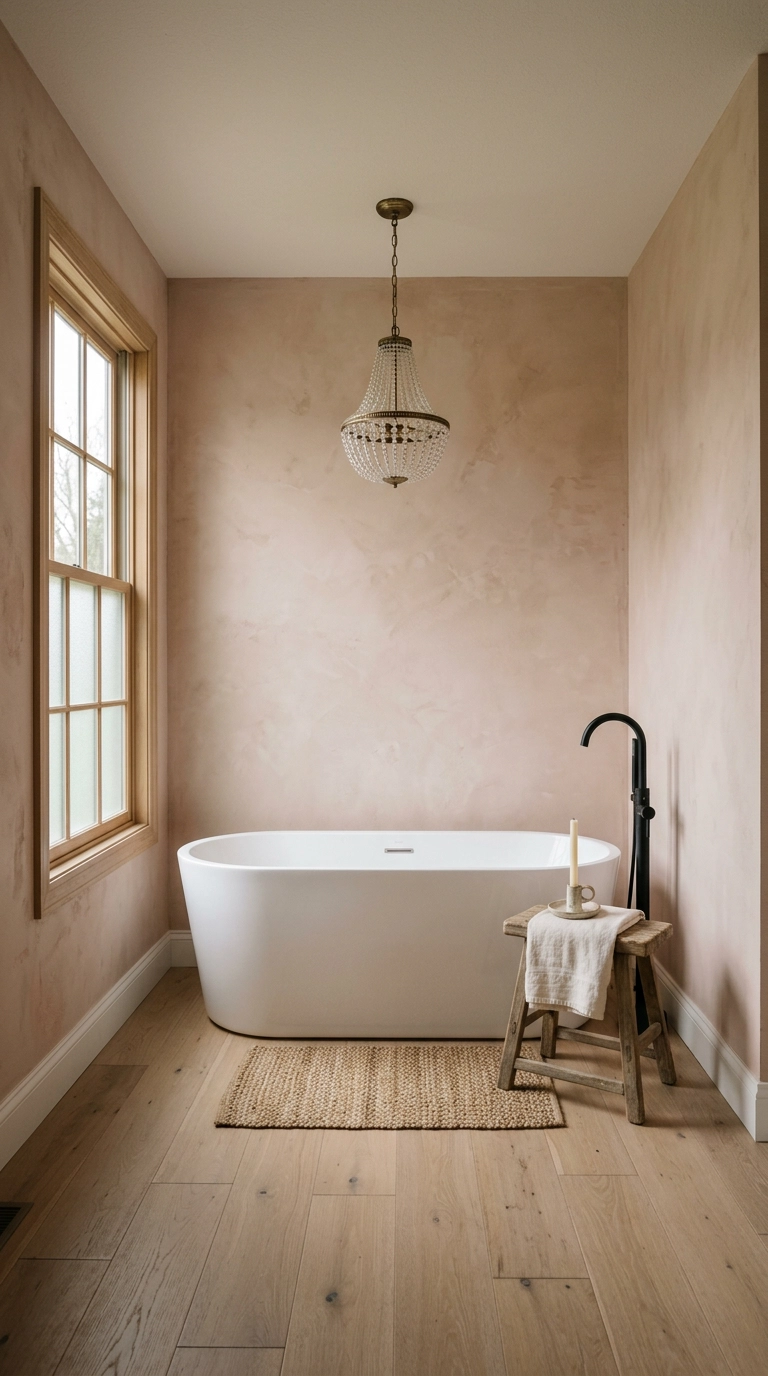 Freestanding tub under a small beaded glass chandelier in a clay pink plaster bathroom