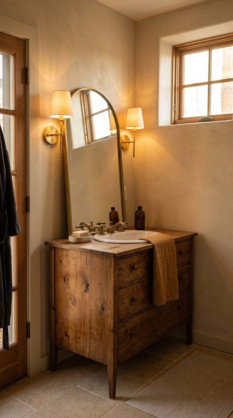Vintage walnut dresser converted into a bathroom vanity with brass hardware and an arched mirror