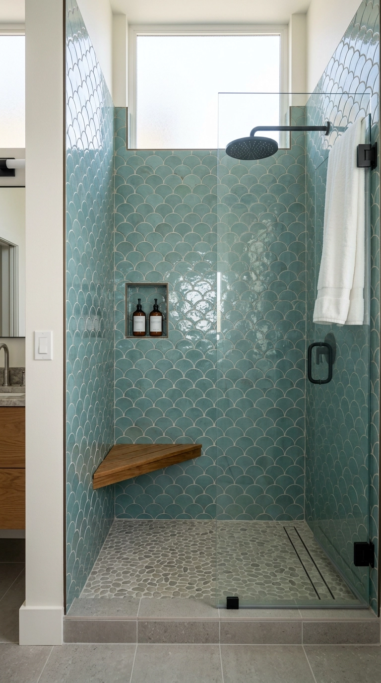 Walk-in shower tiled in glossy muted teal fish-scale tile with black rain shower fixture
