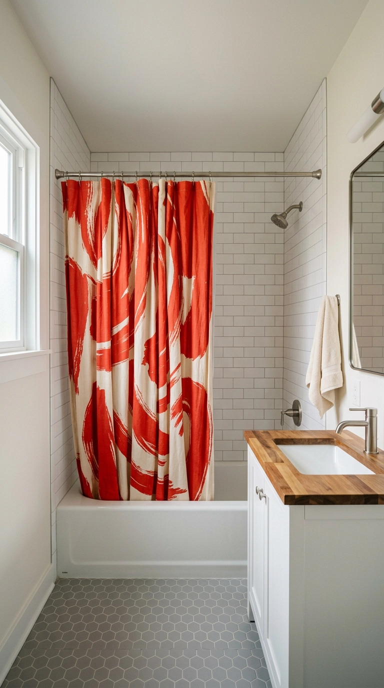 Bold red and cream abstract shower curtain hung high in an otherwise plain white bathroom