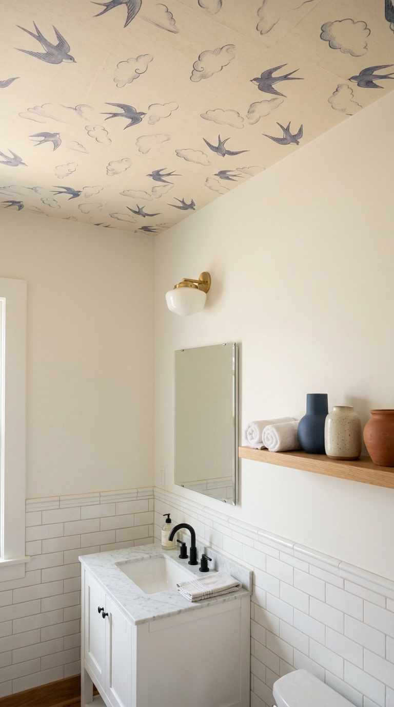 Bathroom with whimsical cloud and bird wallpaper on the ceiling and plain white walls below