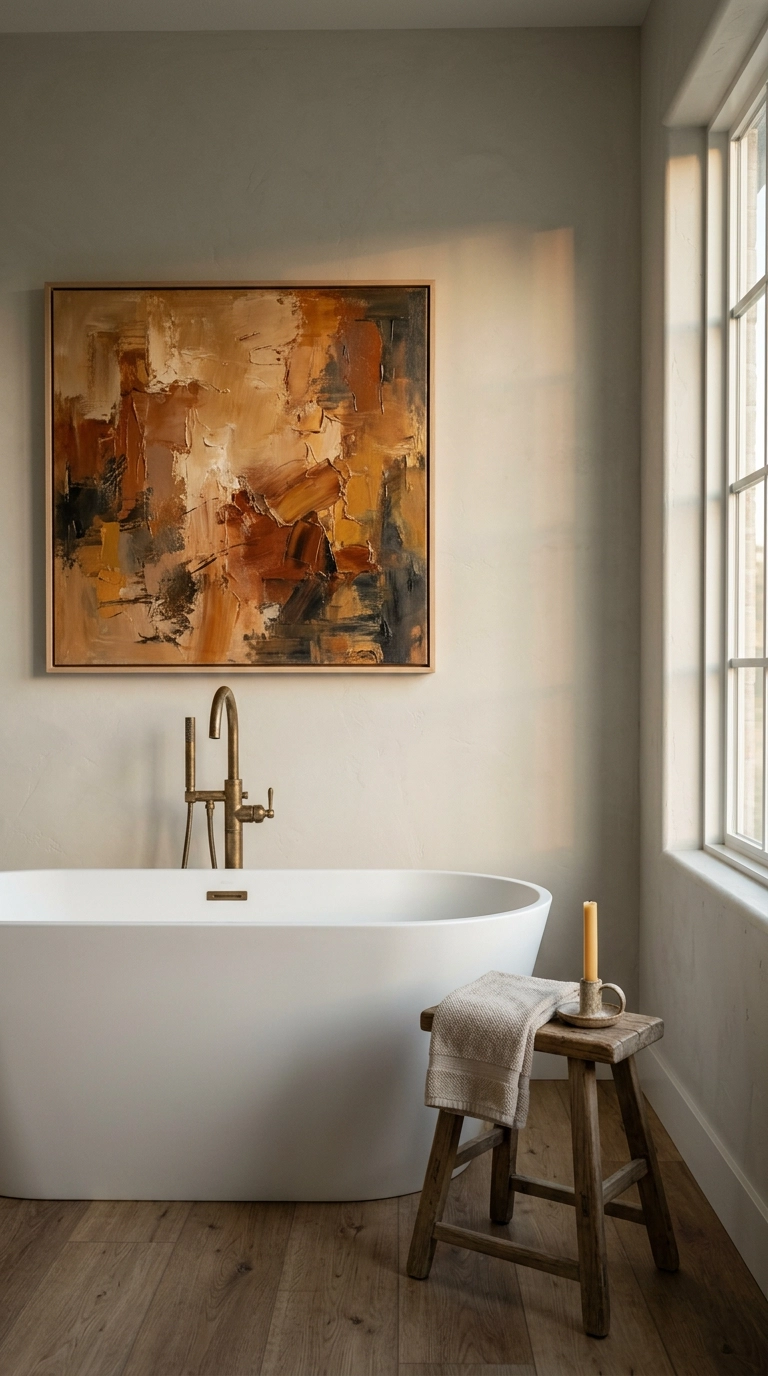 Large abstract ochre oil painting hung above a freestanding tub in a greige plaster bathroom