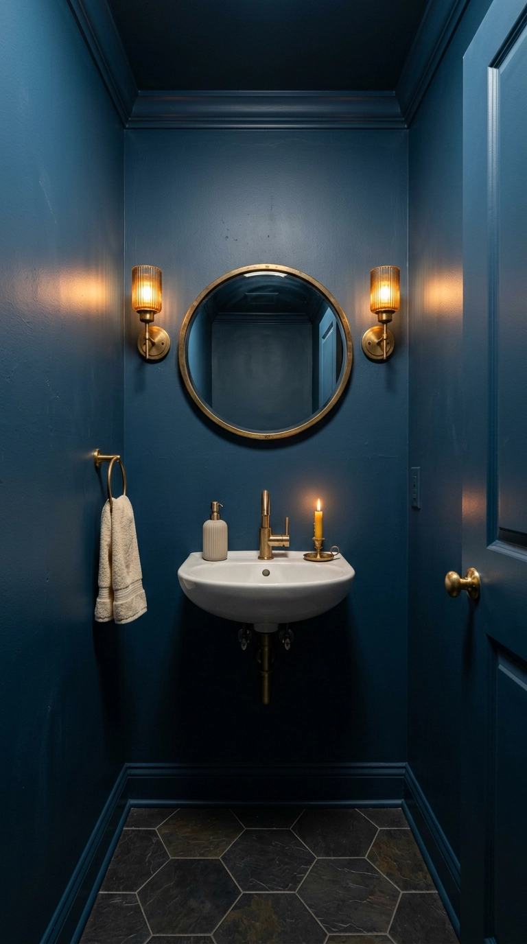 Small powder room color drenched in deep matte blue with brass sconces and a round mirror