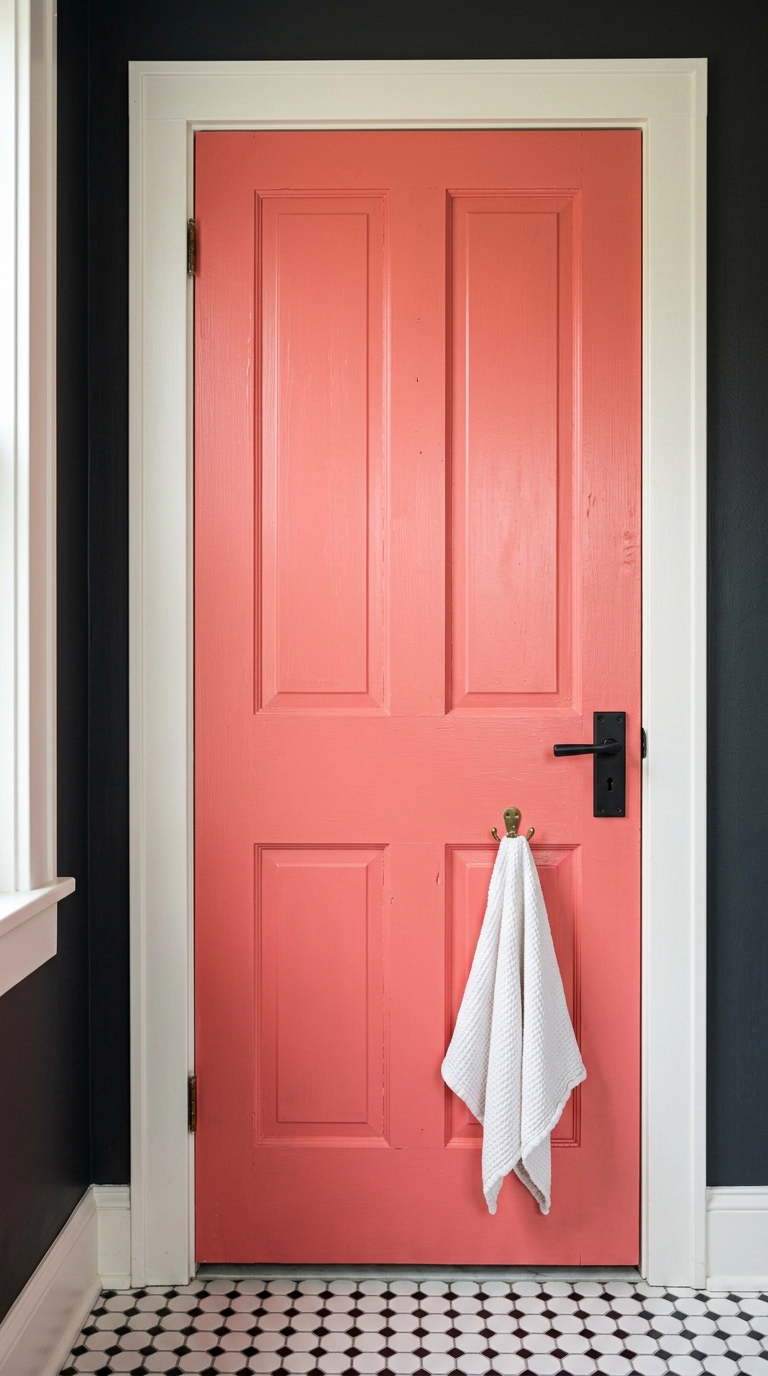 Inside face of a bathroom door painted bold coral pink against a charcoal wall