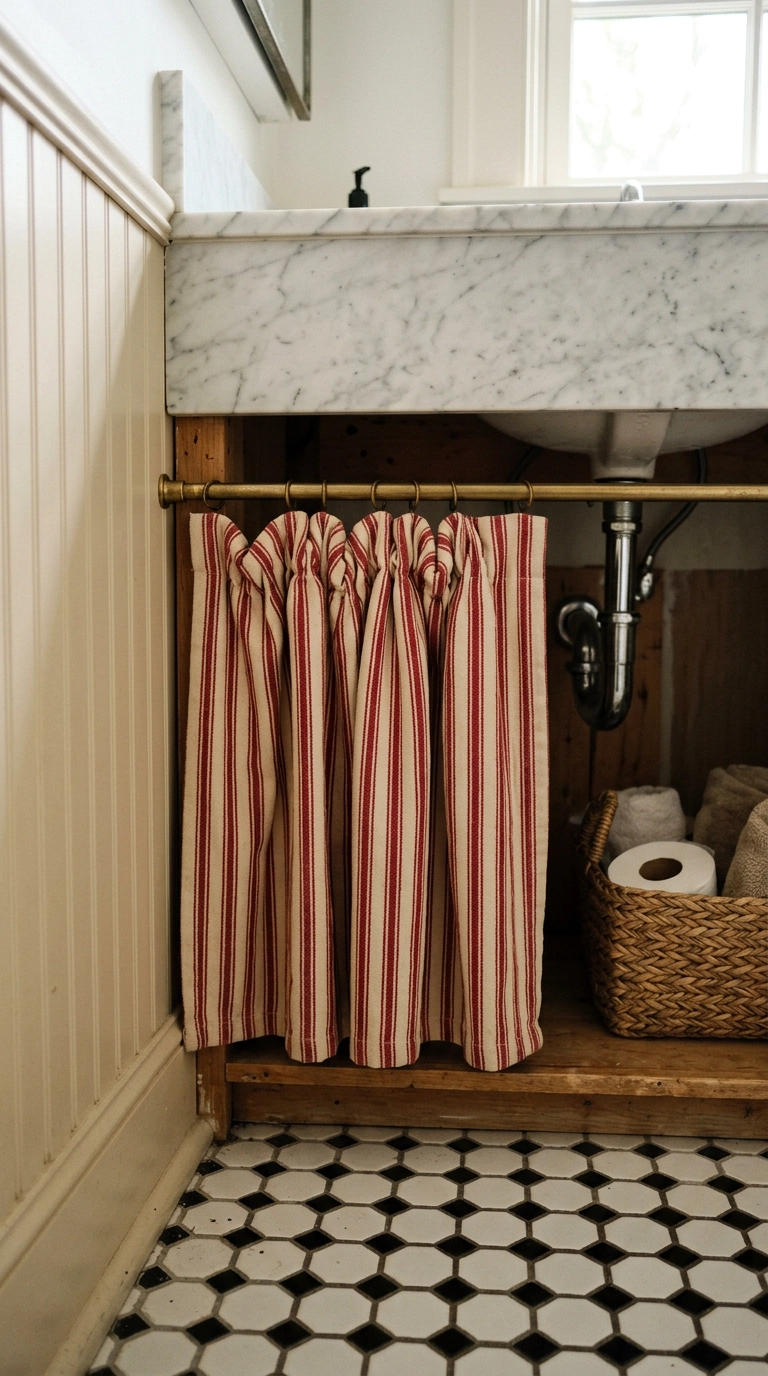 Red and cream striped skirt curtain on a tension rod under a bathroom sink