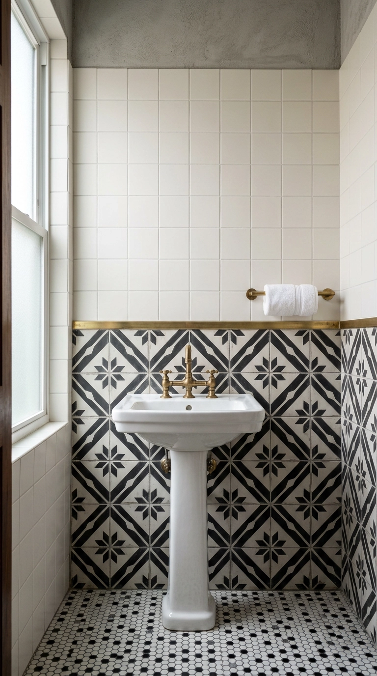 Bold geometric encaustic tile meeting plain white subway tile at a brass trim strip