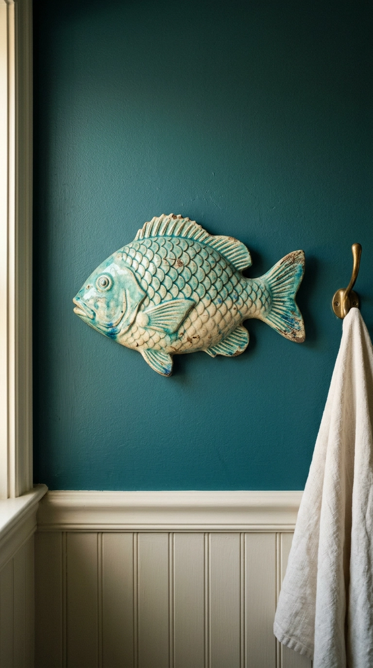 Vintage turquoise ceramic fish ornament mounted alone on a teal bathroom wall