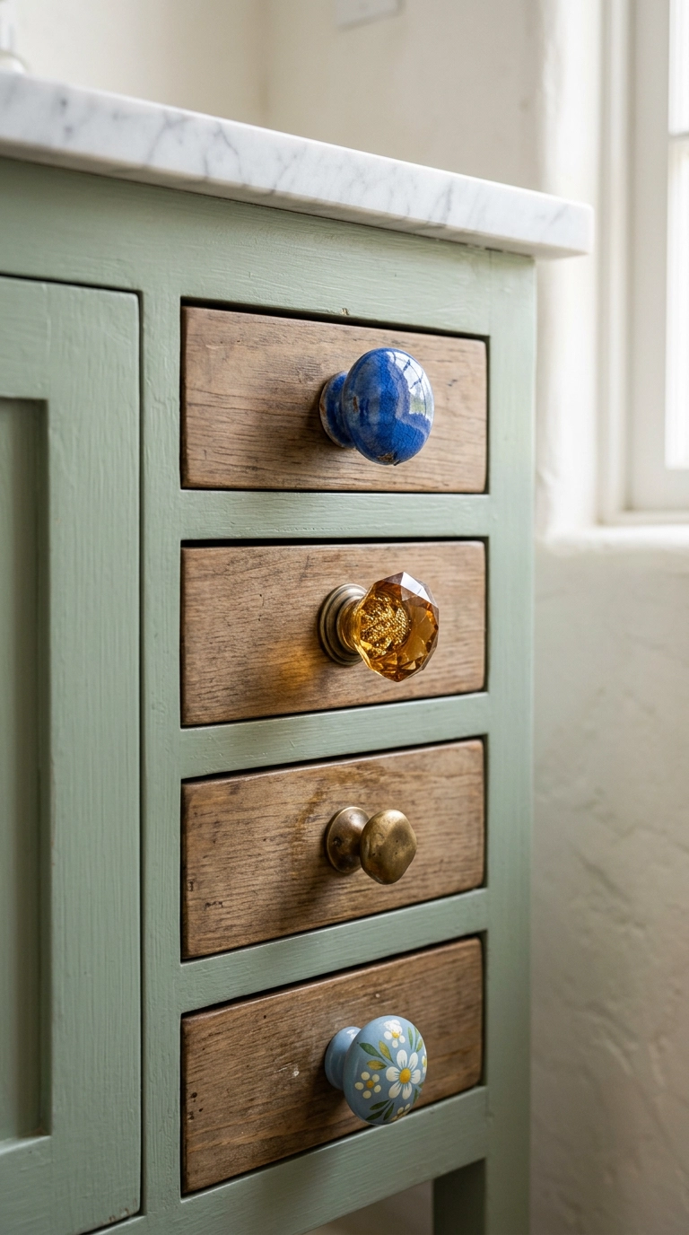 Four mismatched cabinet knobs in ceramic, glass, brass, and painted wood on a sage vanity