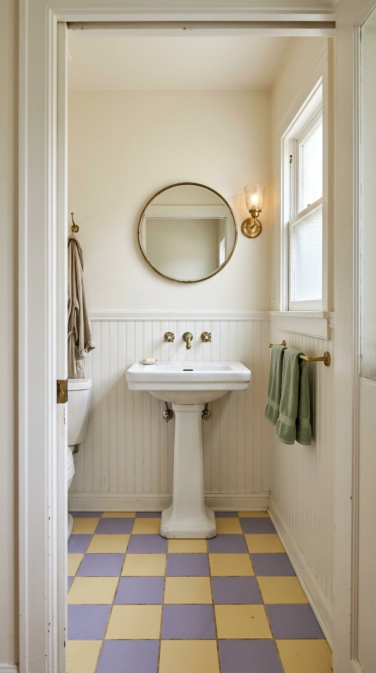 Small vintage bathroom with lavender and yellow checkerboard tile floor and white beadboard walls