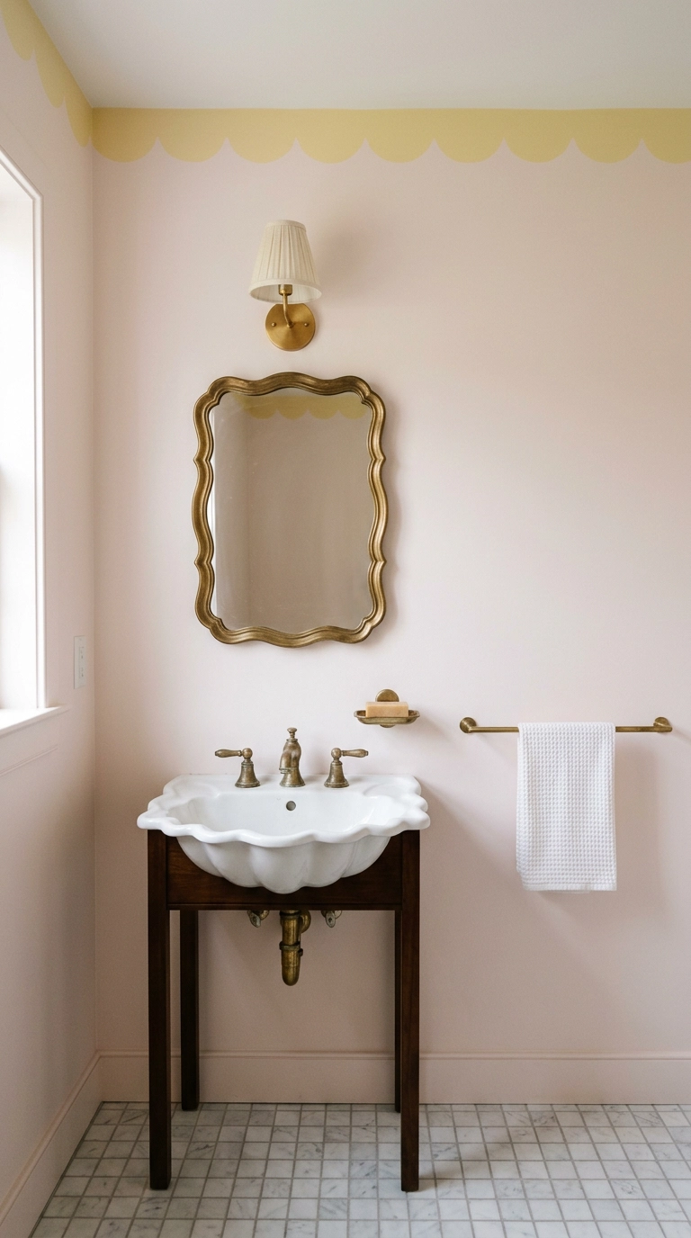 Powder room with scalloped sink, scalloped brass mirror, and yellow scalloped wall trim on pink walls