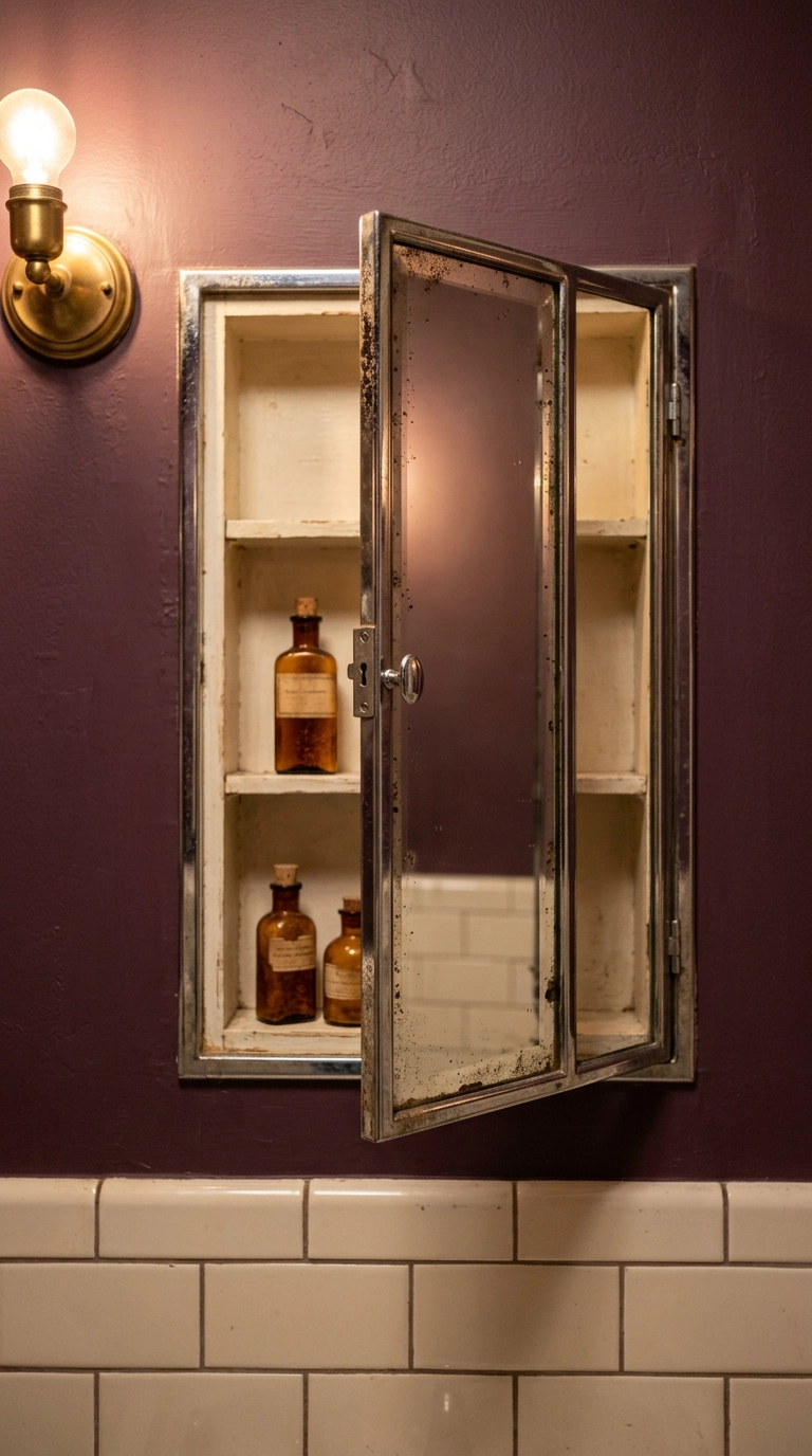 Vintage bevelled medicine cabinet mirror with age spotting, door slightly ajar