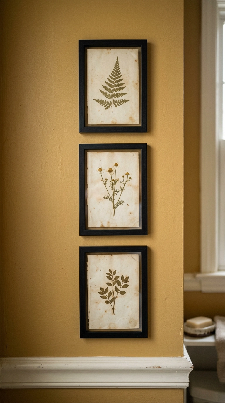 Three small black frames in a vertical column holding pressed botanical specimens