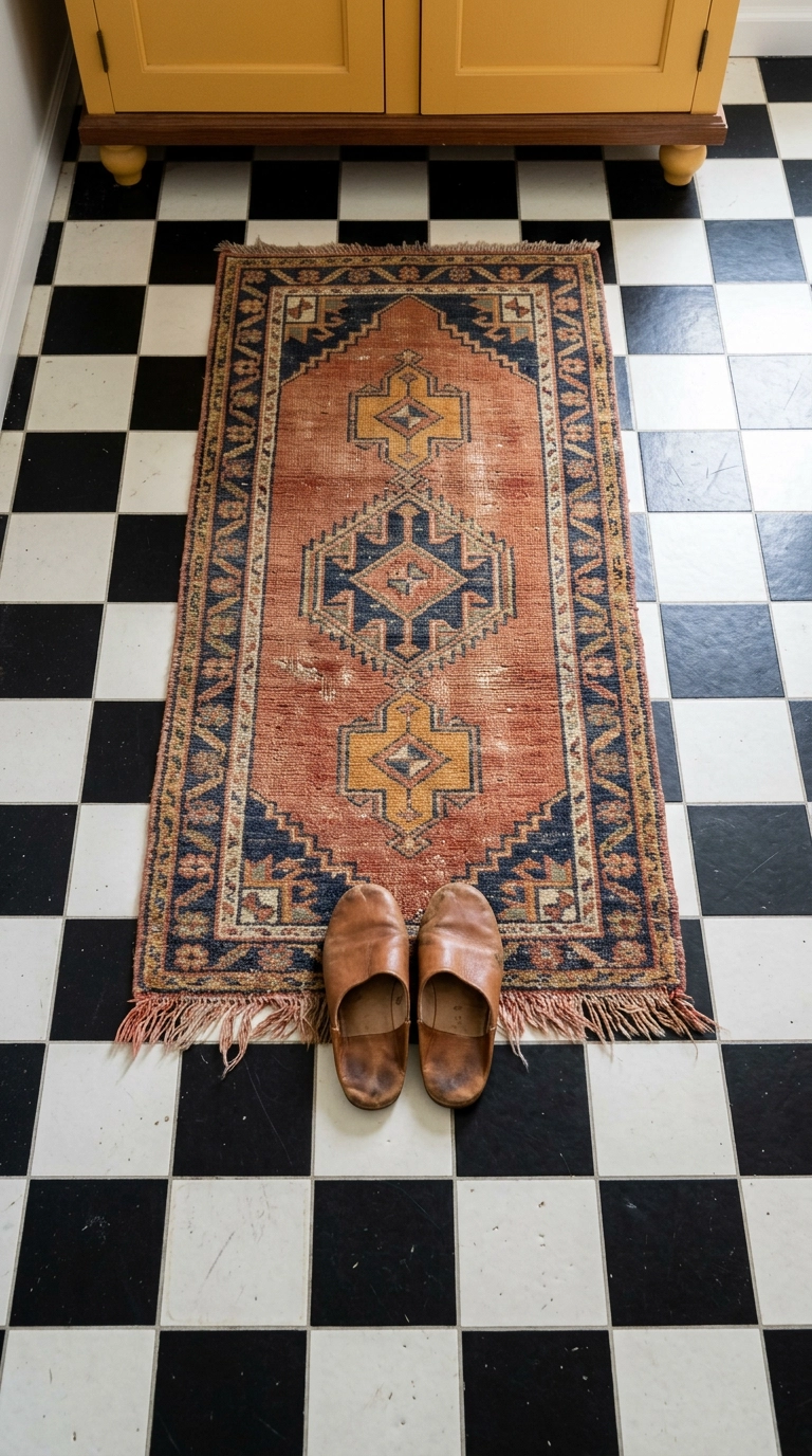 Faded vintage wool runner in terracotta and indigo on checkerboard bathroom tile