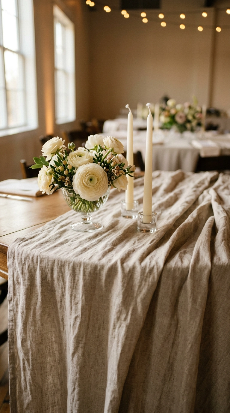Washed natural linen tablecloth with soft wrinkles, cream ranunculus and taper candles