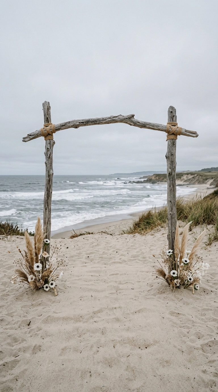 Driftwood ceremony arch with white anemones and pampas grass on an empty beach