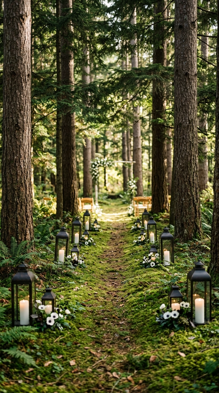 Black candle lanterns and moss lining a narrow forest ceremony aisle