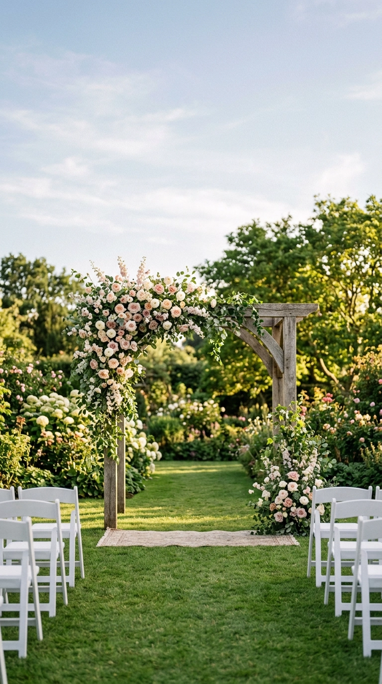 Asymmetrical blush and cream floral arch on a weathered oak arbor at a garden ceremony
