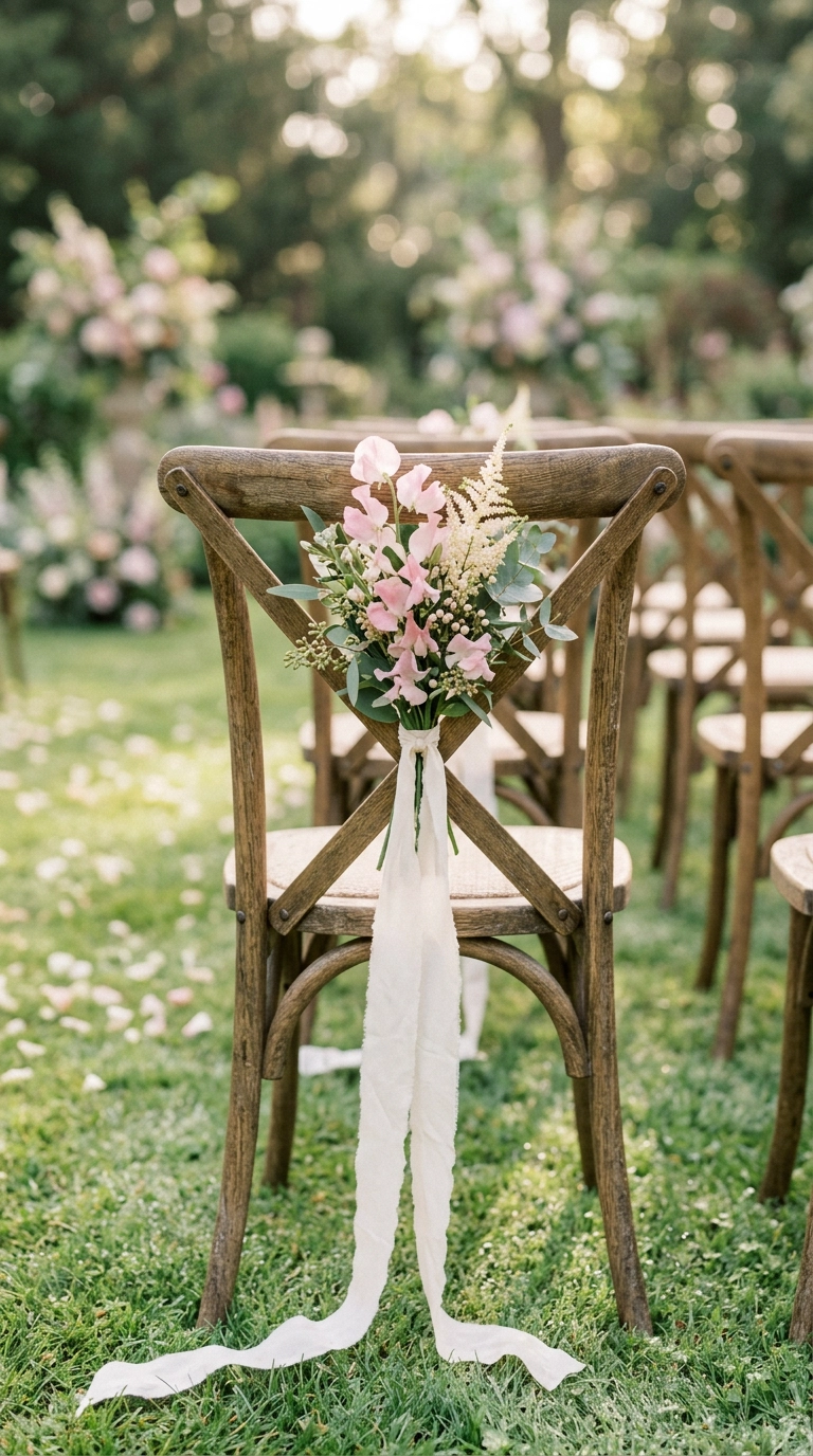 Small pink sweet pea posy tied with ivory ribbon to a wooden ceremony chair back