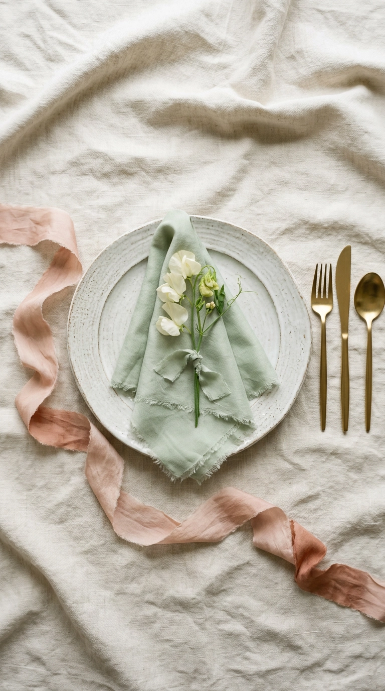 Overhead place setting with silk sage napkin, gold flatware and trailing blush ribbon