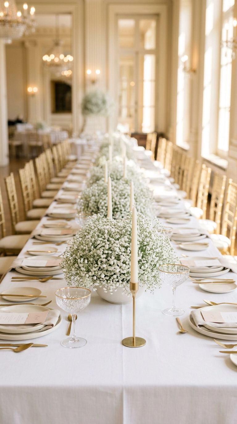 Low clouds of baby's breath running along a white linen ballroom table