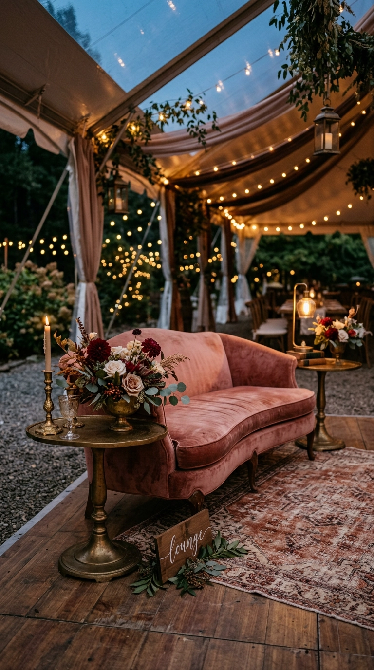 Dusty rose velvet sofa lounge with brass tables and burgundy dahlias in a tented reception