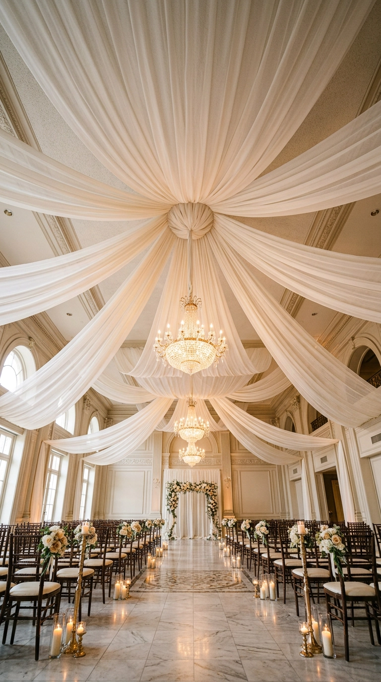 Ivory chiffon draped as a ceiling canopy above a candlelit ballroom