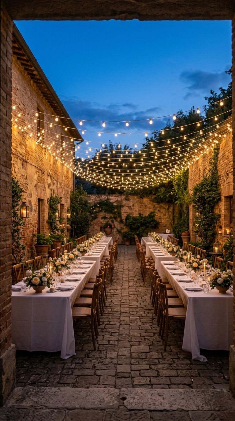 Overlapping warm string lights strung above an empty courtyard dinner at dusk
