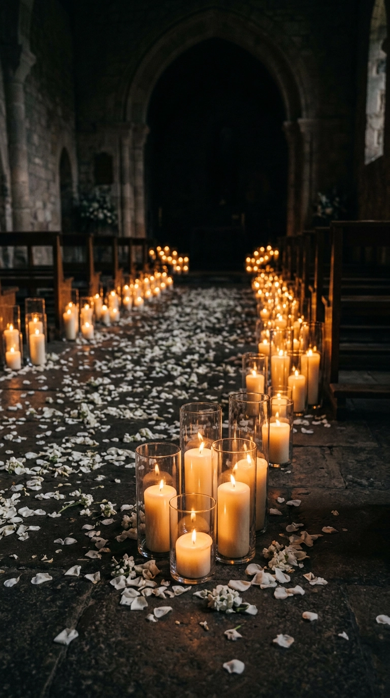 Glass hurricane candle clusters lining a stone chapel aisle at dusk