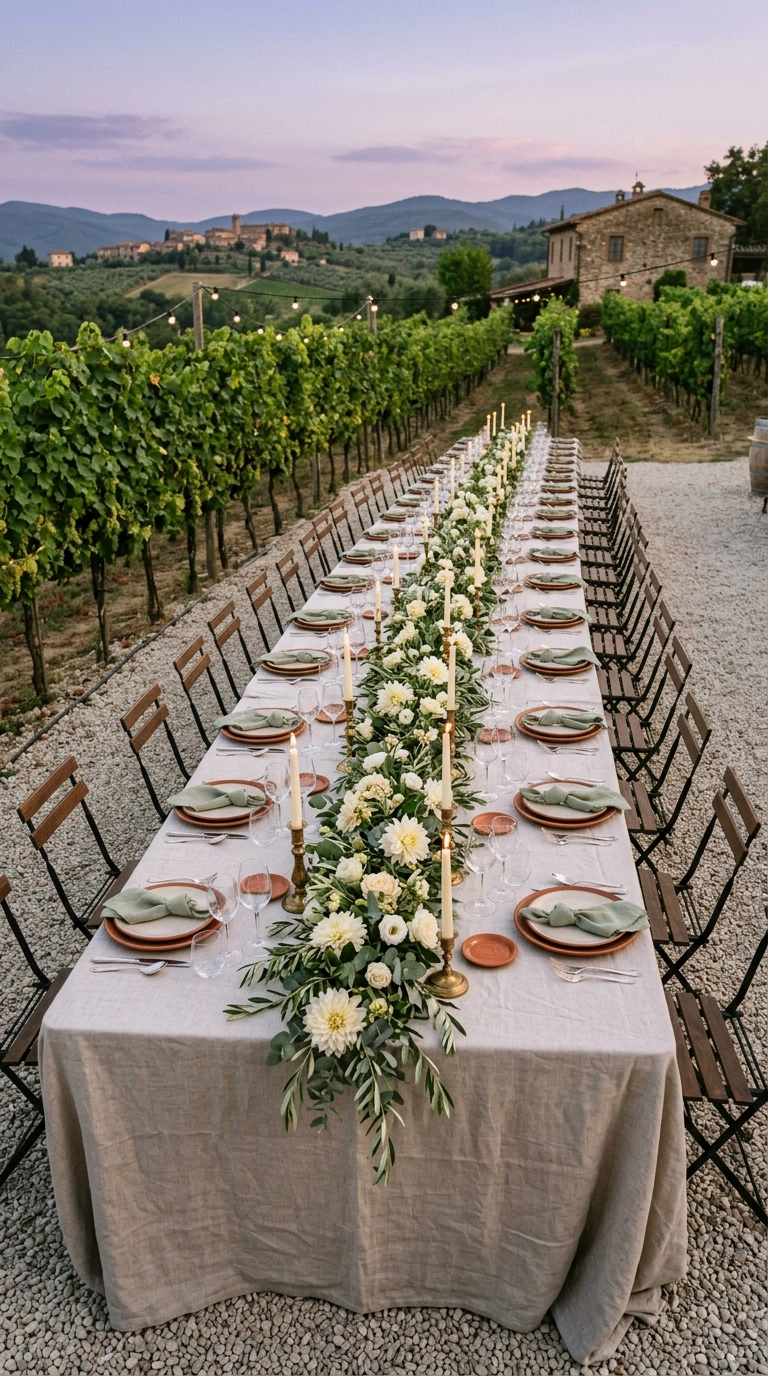 Long farmhouse dinner table with olive branches and taper candles at a vineyard at dusk
