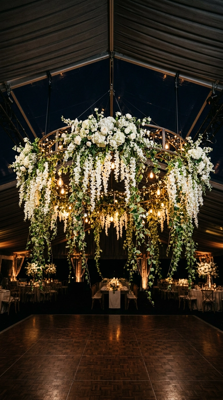 Suspended circular floral chandelier with white wisteria above an empty dance floor