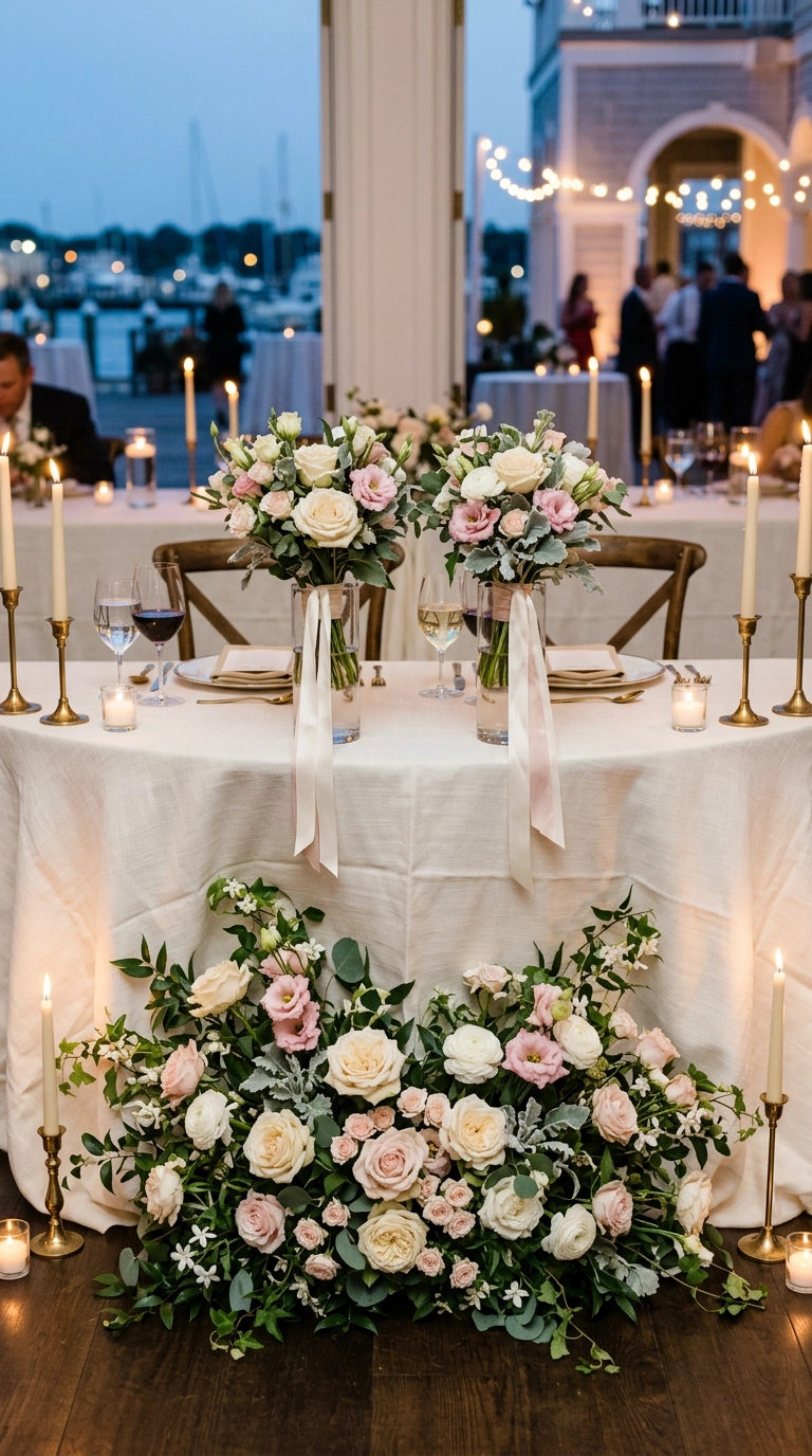 Repurposed ceremony roses and bridesmaid bouquets styled at a candlelit sweetheart table