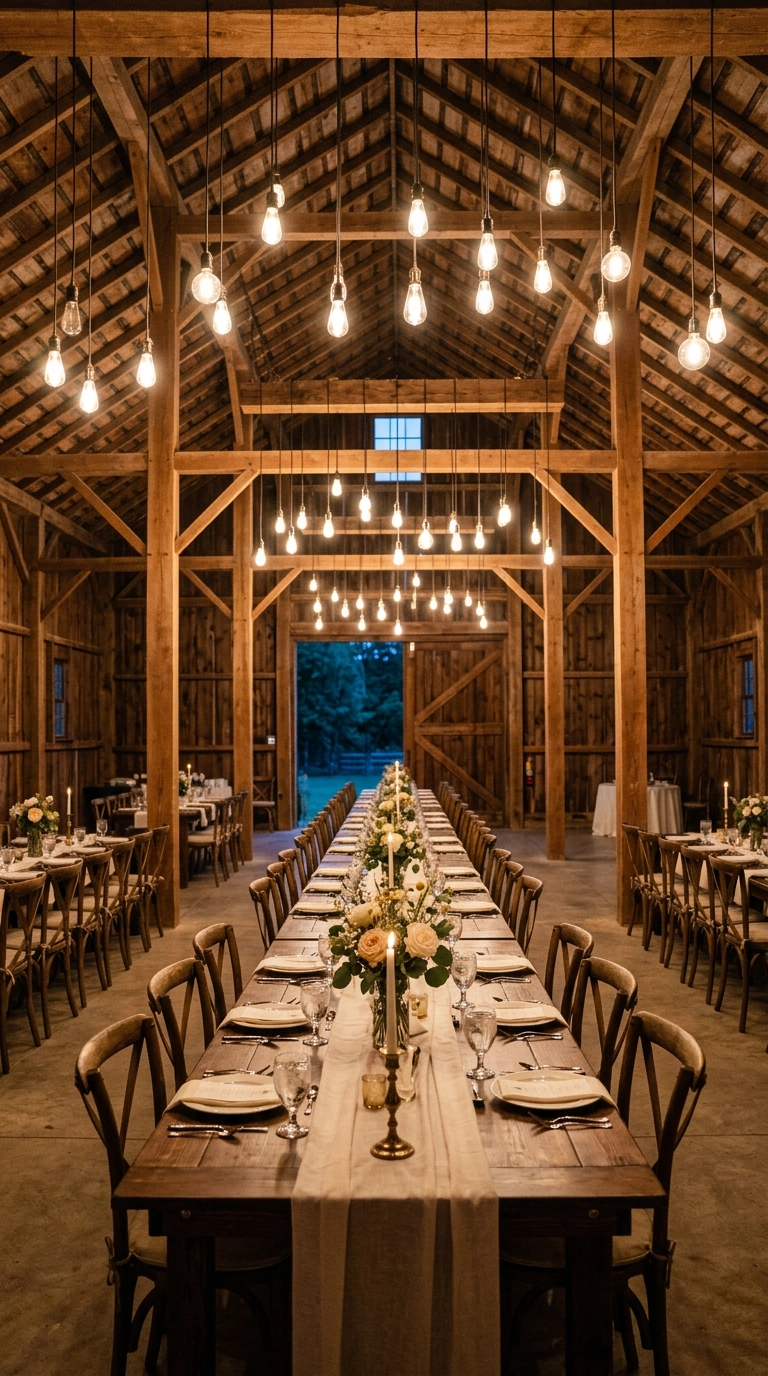 Canopy of Edison bulbs hanging above long wooden banquet tables in a barn reception
