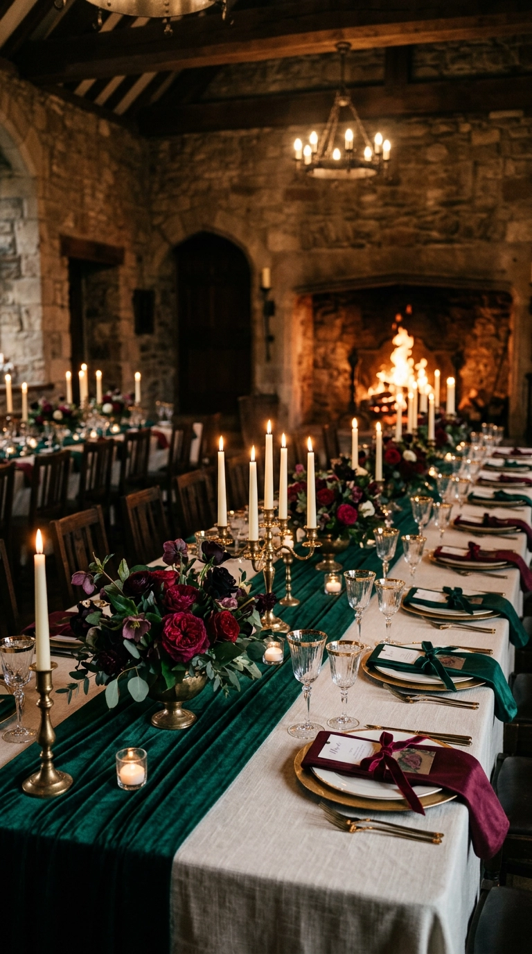 Emerald velvet runner with burgundy roses and gold candelabra in a firelit stone hall