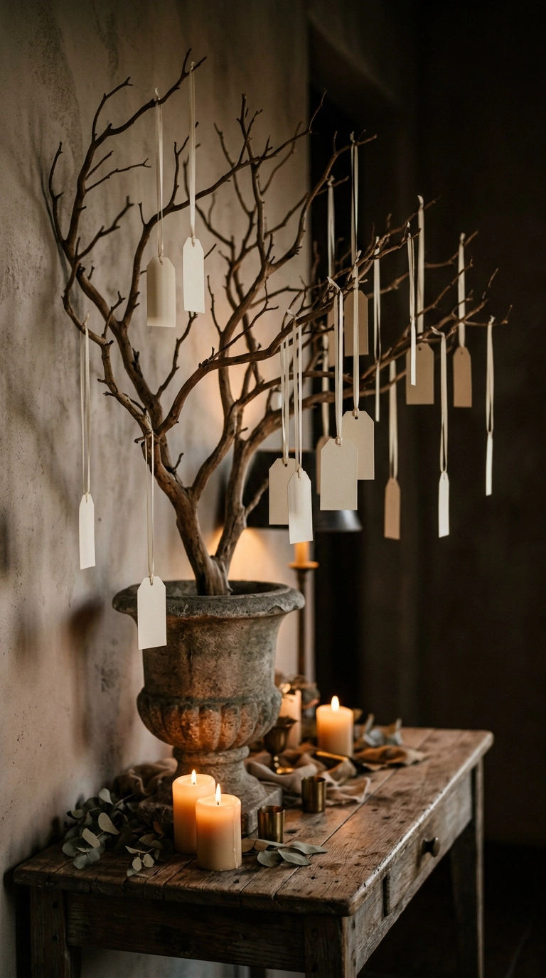 Blank cream escort card tags hanging from a bare manzanita branch in a stone urn