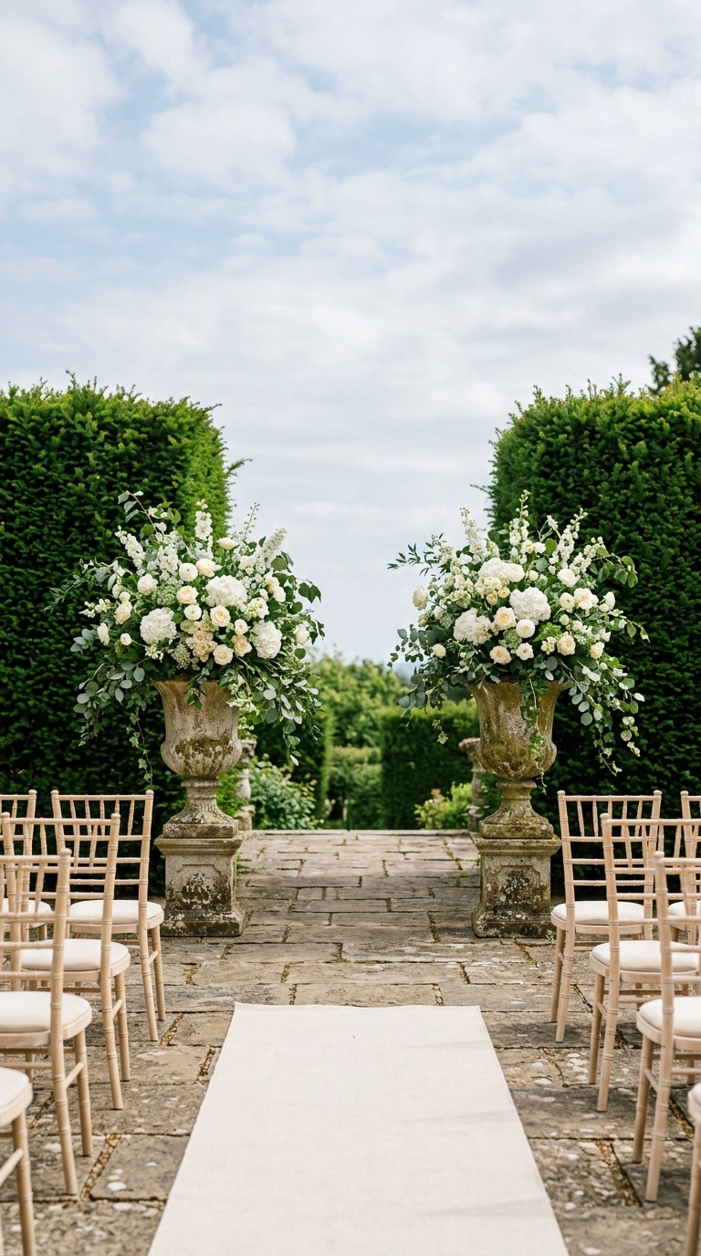 Two aged concrete urns with white hydrangea flanking a garden ceremony with no arch