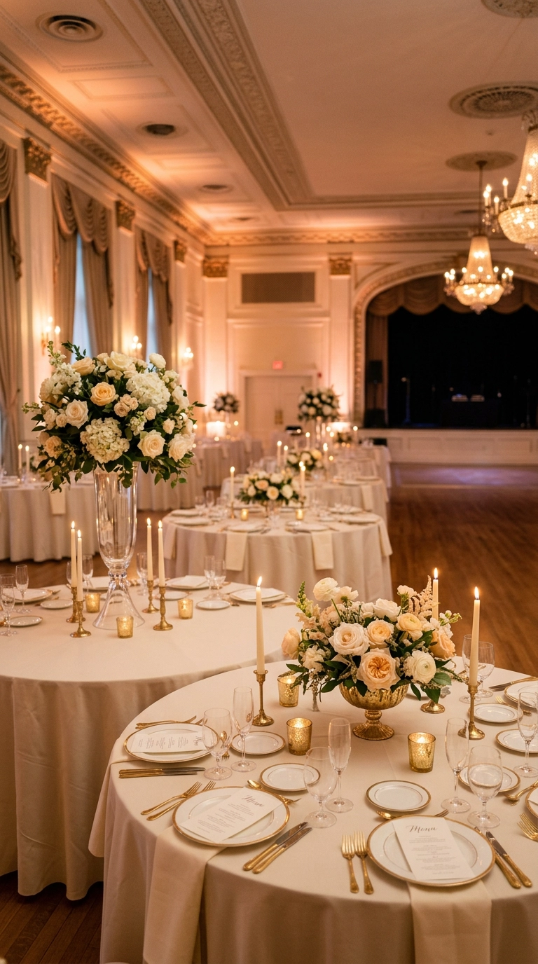 Ballroom tables with alternating tall and low rose centerpieces under warm lighting