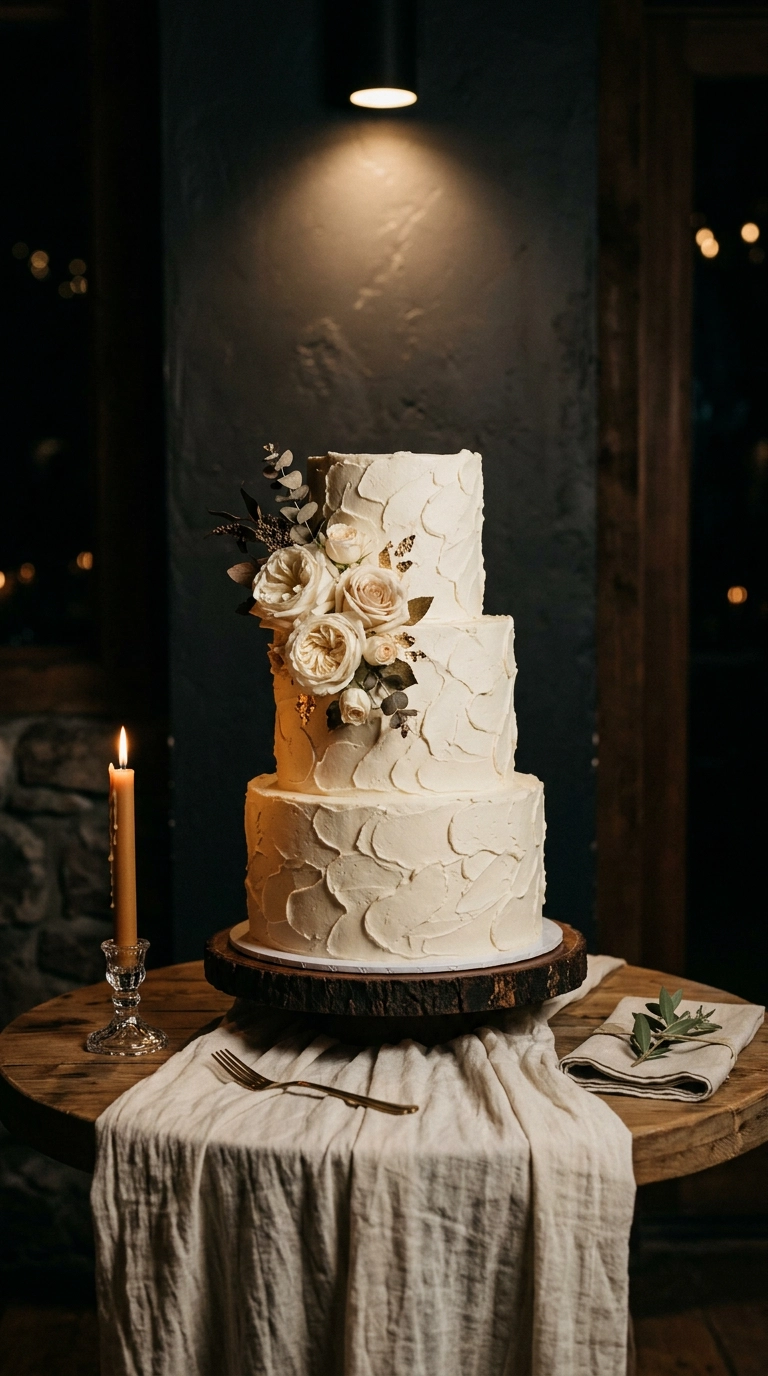 Textured ivory buttercream cake lit by a single pin spot against a dark wall