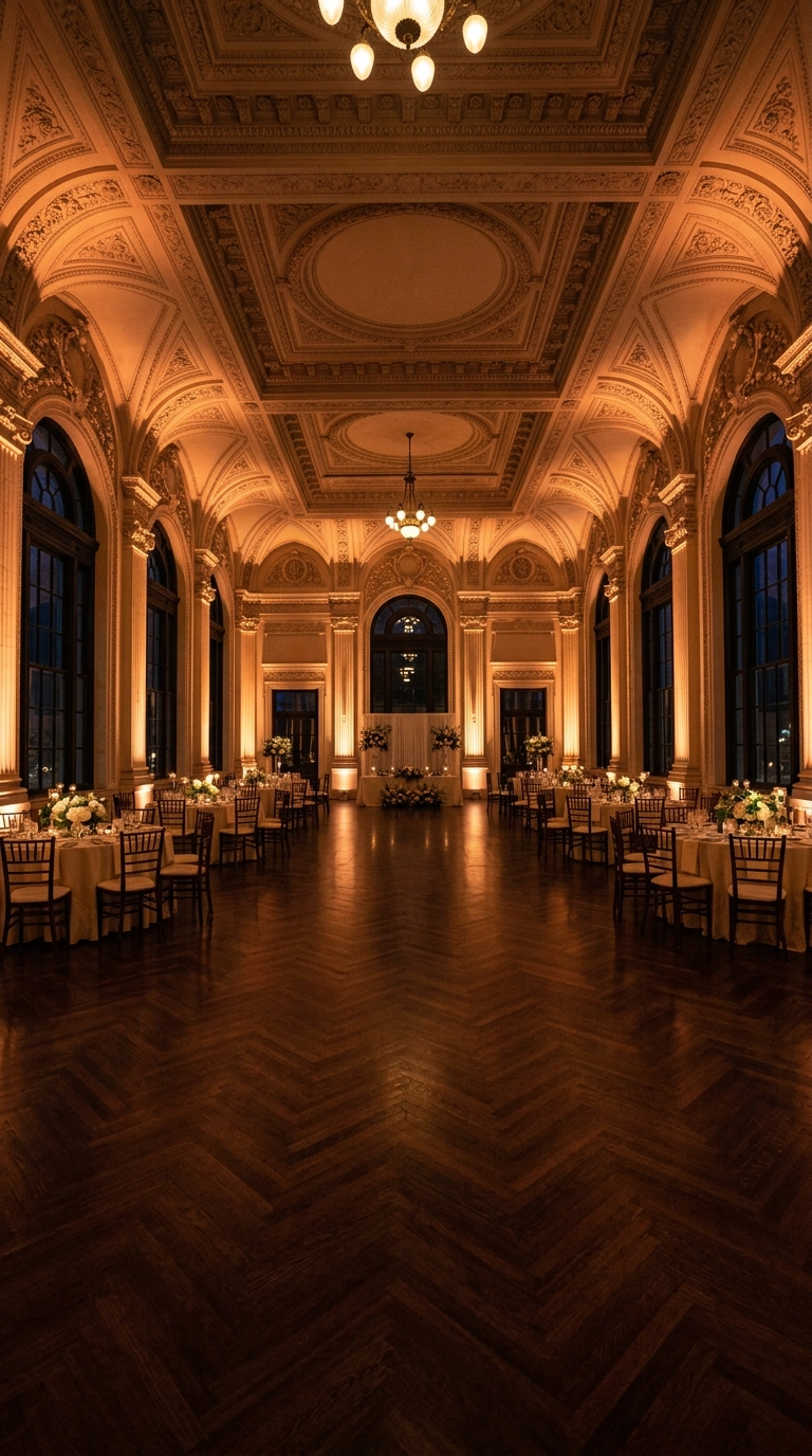 Warm amber uplighting washing the plaster walls of a historic ballroom at night