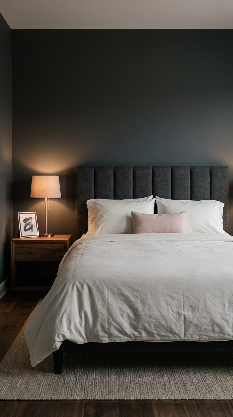 Charcoal bedroom with a tufted headboard and three rose gold accents including a bedside lamp