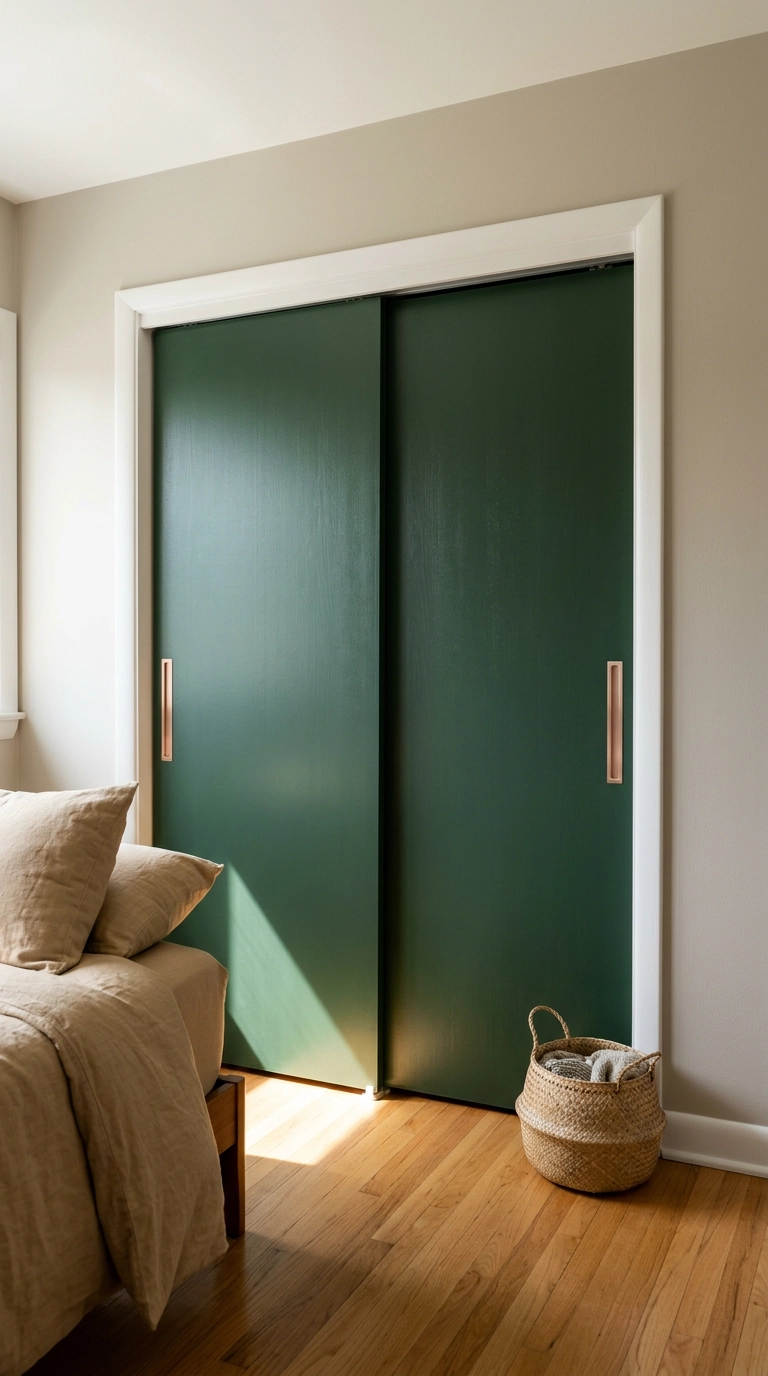 Deep hunter green closet doors with slim vertical rose gold edge pulls in a bedroom