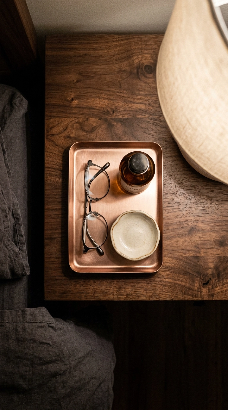 Small rose gold tray holding three items on a dark walnut bedroom nightstand